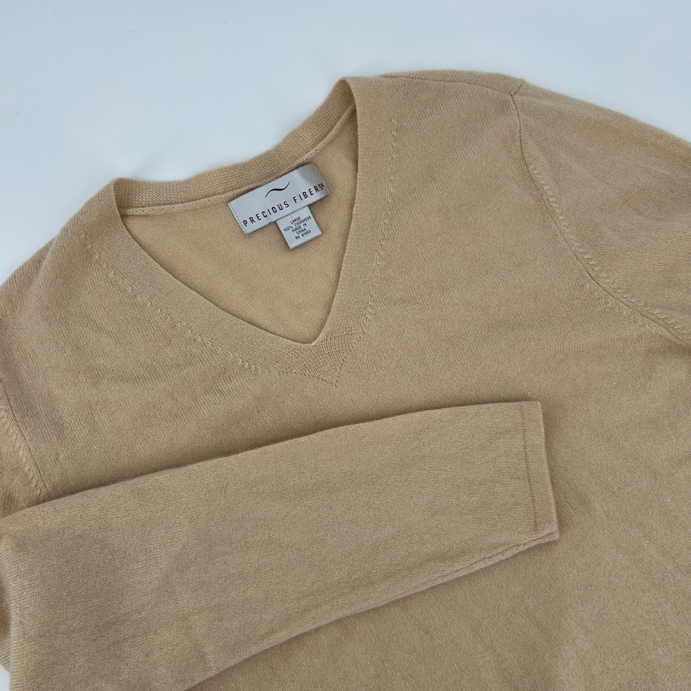 Precious Fibers Womens Cashmere V Neck Long Sleeve Sweater Top Beige‎ Large